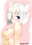  animal_ears apron blue_eyes blush breasts cat_ears covered_nipples fang hair_ornament hair_over_one_eye hairclip hamakaze_(kantai_collection) inuzumi_masaki kantai_collection large_breasts looking_at_viewer naked_apron open_mouth short_hair sideboob solo white_hair yellow_apron 