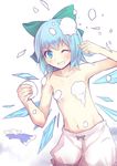  armpits bloomers blue_eyes blue_hair bow cirno collarbone convenient_censoring culter dress dress_removed flat_chest grin hair_bow ice ice_wings navel one_eye_closed shirt_removed smile snowball snowball_fight solo topless touhou underwear underwear_only white_bloomers wings 