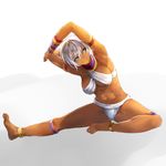  abs anklet armlet armpits bare_legs barefoot bikini bracelet elena_(street_fighter) full_body green_eyes jewelry muscle muscular_female neck_ring settyaro short_hair sitting smile solo street_fighter stretch swimsuit tan white_bikini white_hair 