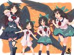  age_comparison ahoge bird_wings black_hair black_legwear black_wings blush bow breasts cape closed_eyes fang greaves green_bow green_skirt hair_bow hands_on_hips highres kneehighs large_breasts long_hair looking_at_viewer multiple_girls multiple_persona older open_mouth orange_background outstretched_arms pine puffy_short_sleeves puffy_sleeves red_eyes reiuji_utsuho short_sleeves skirt smile third_eye touhou wings younger 