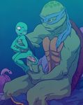  2015 anthro big_penis blue_eyes cub duo humanoid_penis kamechuu leonardo_(tmnt) male male/male penis precum reptile scalie size_difference teenage_mutant_ninja_turtles turtle underwater water young 
