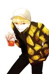  baseball_cap blonde_hair cosplay cup fate/stay_night fate_(series) gary_unwin gary_unwin_(cosplay) gilgamesh hat jisue10 kingsman:_the_secret_service male_focus red_eyes solo 