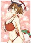  arms_behind_back bikini breasts brown_hair christmas cleavage downscaled eyebrows eyebrows_visible_through_hair gift green_eyes hat headgear huge_breasts kantai_collection md5_mismatch mutsu_(kantai_collection) red_bikini resized santa_costume santa_hat short_hair snowflakes solo sun-3 swimsuit 