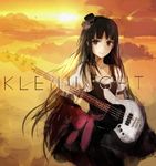  absurdres akiyama_mio artist_name bass_guitar black_eyes black_hair dress hat highres instrument jazz_bass k-on! kleinlight left-handed long_hair mini_hat mini_top_hat sunset top_hat very_long_hair 