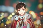  akb48 blurry bokeh bow brown_eyes brown_hair cape depth_of_field earrings eyelashes fur_collar fur_trim hair_bow holding jewelry light_particles lights long_sleeves looking_at_viewer open_mouth rakuhei red_cape smile solo tassel tearing_up tears trophy watanabe_mayu 