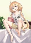  :o bad_id bad_pixiv_id barefoot bike_shorts blonde_hair blush brown_eyes clothes_writing feet futaba_anzu idolmaster idolmaster_cinderella_girls long_hair open_mouth shirt sitting soles solo striped striped_bike_shorts stuffed_animal stuffed_bunny stuffed_toy t-shirt takemori_shintarou twintails very_long_hair you_work_you_lose 