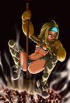  ankle_boots bikini_bottom blonde_hair blue_eyes boots braid breasts coal crafting_shop_daughter_(monster_hunter) gloves grinding hair_over_shoulder hammer headband kyder lips long_hair long_sleeves monster_hunter monster_hunter_4 navel nose oversized_object pole_dancing pussy_juice single_braid small_breasts solo spread_legs squatting thighhighs 