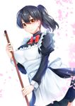  alternate_costume apron broom brown_eyes cherry_blossoms choker enmaided frilled_apron frills hair_between_eyes kaga_(kantai_collection) kantai_collection looking_at_viewer maid petals ponytail ribbon ribbon_choker ryusou solo white_background 