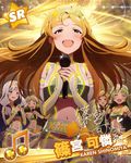  ^_^ beamed_eighth_notes blush brown_hair card_(medium) character_name character_signature closed_eyes green_hair hairband handa_roko idolmaster idolmaster_(classic) idolmaster_million_live! long_hair microphone momose_rio multiple_girls musical_note official_art shijou_takane shimabara_elena shinomiya_karen silver_hair smile 