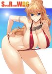  ass bent_over blonde_hair blue_eyes breasts covered_nipples excellen_browning eyewear_removed haganef hanging_breasts holding holding_eyewear huge_breasts long_hair looking_at_viewer navel slingshot_swimsuit smile solo sunglasses super_robot_wars swimsuit 