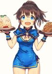  :d bad_id bad_twitter_id blue_dress blue_eyes breasts brown_hair china_dress chinese_clothes cleavage cleavage_cutout cowboy_shot dress food fried_rice highres idolmaster idolmaster_million_live! looking_at_viewer medium_breasts narumi_arata open_mouth ponytail satake_minako short_dress simple_background smile solo tray white_background wrist_cuffs 