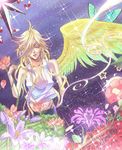  androgynous bad_id bad_pixiv_id benten_(zone-00) blonde_hair blue_eyes flower lady_y long_hair male_focus mole otoko_no_ko pill single_wing solo sparkle wings zone-00 