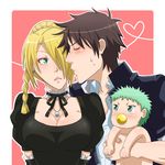  1girl 2boys baby_be&#039;el baby_be'el beelzebub_(manga) blonde_hair blush breasts brown_hair choker cleavage earring earrings green_eyes green_hair hilda_(beelzebub) jewelry karoll_ann kiss multiple_boys necklace oga_tatsumi sweat 