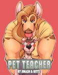  beard biceps big_nose black_nose blonde_hair blue_eyes blush brown_hair canine clothed clothing comic cream_fur dog dripping facial_hair female fur hair hyena jinash male mammal nervous piercing plain_background ritts saliva size_difference tongue tongue_out 