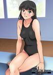  1girl amagami arm_at_side ayatsuji_tsukasa bad_id bad_pixiv_id black_hair black_swimsuit breasts brown_eyes crossed_legs impossible_clothes impossible_swimsuit long_hair long_legs one-piece_swimsuit parted_lips poolside rudoni school_swimsuit sitting solo swimsuit 