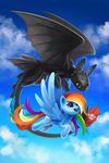  dragon equine flying friendship_is_magic how_to_train_your_dragon mammal my_little_pony outside pegasus rainbow_dash_(mlp) sky toothless tsaoshin wings 