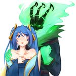  bare_shoulders blue_eyes blue_hair hand_on_another's_shoulder holding_hands league_of_legends long_hair looking_at_another md5_mismatch simple_background sona_buvelle spark_(ray50701) thresh twintails white_background 