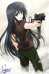  black_hair brown_eyes gun highres kem_kem long_hair mac-11 original solo submachine_gun weapon yellow_eyes 