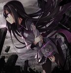  akemi_homura bad_id bad_pixiv_id black_hair black_hairband black_legwear blood blood_on_face blood_on_fingers bow clenched_teeth cloud cloudy_sky cuts debris dystopia frilled_skirt frills hair_over_face hairband highres holding_arm injury leaning_forward long_hair long_sleeves looking_to_the_side mahou_shoujo_madoka_magica pantyhose purple_bow purple_eyes rin_yuu scowl skirt sky solo standing teeth torn_clothes torn_legwear very_long_hair 