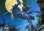  battle blue_destiny_01 crane damaged energy_sword fire firing gm_(mobile_suit) gm_command gun gundam gundam_side_story:_the_blue_destiny koizumi_kazuaki_production mecha moon night night_sky severed_head shield sky smoke sword weapon zaku zaku_ii 