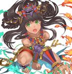  :d animal_ears bare_shoulders barefoot bastet_(p&amp;d) black_hair braid cat_ears dark_skin fangs fire foreshortening green_eyes jewelry jyon long_hair motion_blur open_mouth puzzle_&amp;_dragons smile solo squatting white_background x_arms 