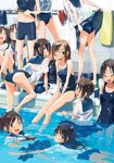  :d ;d ^_^ bike_shorts closed_eyes competition_school_swimsuit kusakabe_(kusakabeworks) lifted_by_self multiple_girls old_school_swimsuit one-piece_swimsuit one_eye_closed open_mouth original pool poolside school_swimsuit school_uniform serafuku skirt skirt_lift smile swimsuit swimsuit_under_clothes tile_wall tiles wet wet_clothes 