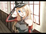  bismarck_(kantai_collection) blonde_hair blue_eyes blush elbow_gloves gloves hat highres kantai_collection karo-chan letterboxed long_hair one_eye_closed salute solo 