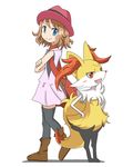  &gt;:) ankle_boots back-to-back bag blue_eyes boots braixen crossed_arms dress fang gen_6_pokemon hands_on_hips hat looking_at_viewer mikan_imo pokemon pokemon_(anime) pokemon_(creature) red_eyes serena_(pokemon) short_hair shoulder_bag sleeveless_duster smile thighhighs v-shaped_eyebrows 