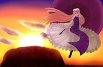  australia boots cloud commentary_request dress floating frilled_dress frills gagarin_kichi grass hand_to_own_mouth hat hat_ribbon head_tilt highres hill landmark long_hair long_sleeves mob_cap mountain orange_sky oversized_object puffy_long_sleeves puffy_sleeves ribbon silhouette sky smile solo sun sunset tabard touhou twilight umbrella very_long_hair white_dress wide_sleeves wind yakumo_yukari 