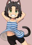  animal_ears armpits arms_behind_head artist_name bike_shorts black_hair cat_ears cat_tail dated dress eyebrows green_eyes grin jingai_modoki kurona_(neko_musume_michikusa_nikki) looking_at_viewer midriff navel neko_musume_michikusa_nikki sharp_teeth short_hair simple_background smile solo striped striped_dress tail teeth thigh_gap 