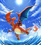  2014 ambiguous_gender blue_eyes charizard claws cloud day daytime dragon feral fire flying hi_res nintendo outside pok&eacute;mon scalie sea sky smile solo sun teeth video_games water wings テッシー 