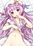  bottomless breasts cleavage crescent groin hat kamekichi_(kamekiti) long_hair looking_at_viewer lying medium_breasts navel on_back out-of-frame_censoring patchouli_knowledge purple_eyes purple_hair solo stomach tongue tongue_out touhou 