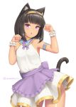  1girl animal_ear_fluff animal_ears apron armlet bangs bare_shoulders black_hair blunt_bangs cat_ears cat_tail dark_skin eyebrows_visible_through_hair hands_up looking_at_viewer medium_hair open_mouth original paw_pose purple_apron purple_eyes sasaame simple_background skirt solo tail twitter_username waist_apron white_background wrist_cuffs 