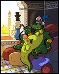  2015 alligator anthro arabic balls dripping erection hair hookah humanoid_penis inside invalid_tag kaisertaylorproducts looking_at_viewer male messy nude penis precum reptile scalie scenery smile smoke smoking solo teeth turbin wet 