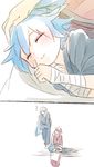  bandages blue_hair blush closed_eyes comic japanese_clothes kimono kousetsu_samonji lap_pillow male_focus multiple_boys parted_lips sayo_samonji silent_comic sitting sleeping souza_samonji touken_ranbu ukata 