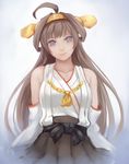  absurdres ahoge bad_id bad_pixiv_id bare_shoulders blouse brown_hair detached_sleeves double_bun grey_eyes hair_ornament hairband headgear highres japanese_clothes kantai_collection kongou_(kantai_collection) lips long_hair nontraditional_miko skirt smile solo yashichii 