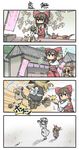  3girls 4koma ahoge ascot bag beamed_sixteenth_notes black_sclera blonde_hair blush_stickers book bow braid broom broom_riding brown_eyes chamaji coin color_drain comic counter dancing detached_sleeves dorayaki eighth_note food hair_bow hair_tubes hakurei_reimu handbag highres ibuki_suika jitome kirisame_marisa long_hair long_sleeves multiple_girls multitasking musical_note oni_horns open_mouth pointy_ears reading shirt sidesaddle sign silent_comic single_braid size_difference skirt skirt_set smile touhou translated very_long_hair village wagashi wide_sleeves 