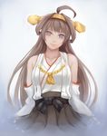  ahoge bare_shoulders blouse brown_hair detached_sleeves double_bun grey_eyes hair_ornament hairband headgear highres japanese_clothes kantai_collection kongou_(kantai_collection) lips long_hair looking_at_viewer nontraditional_miko pleated_skirt skirt smile solo yashichii 
