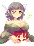  bad_id bad_pixiv_id banned_artist blue_eyes blue_hair blush bow breast_rest breasts breasts_on_head cleavage disembodied_head drill_hair hair_bow hair_ornament head_fins heart japanese_clothes large_breasts long_sleeves looking_at_another looking_down multiple_girls off_shoulder red_eyes red_hair sekibanki short_hair simple_background smile touhou towako_(10wk0) wakasagihime white_background wide_sleeves 
