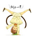  animal_ears bloomers bow brown_eyes brown_hair cat_ears cat_tail chen daitai_konna_kanji full_body handstand hat hat_removed headwear_removed jewelry jpeg_artifacts long_sleeves looking_at_viewer mob_cap multiple_tails open_mouth shirt shoes simple_background single_earring skirt skirt_set smile socks solo tail text_focus touhou underwear upside-down vest white_background white_legwear 