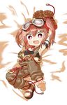  armlet armpits arms_up barefoot belt bound bound_arms brooch brown_gloves brown_hair chaki_(teasets) full_body gem gloves goggles goggles_on_head highres jewelry lying ole_tower on_back open_mouth pants rammer_(ole_tower) red_eyes red_hair shoes single_shoe soles solo toes twintails 