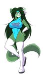  anthro big_breasts black_nose blue_eyes breasts clothing female green_hair hair hawke long_hair mammal mastergodai thick_thighs 