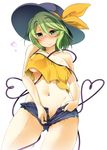  aki_(akikaze_asparagus) alternate_costume blush breasts come_hither covered_nipples crop_top crop_top_overhang cutoffs denim denim_shorts green_eyes green_hair groin hat heart heart_of_string komeiji_koishi large_breasts looking_at_viewer naughty_face no_bra no_panties off_shoulder open_clothes open_shorts short_hair short_shorts shorts simple_background smile solo strap_slip tank_top touhou underboob unzipped white_background 