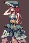  adapted_costume aioi_aoi bare_shoulders braid breasts brown_background cleavage closed_eyes dress hat hong_meiling large_breasts long_hair red_hair sash solo touhou twin_braids 