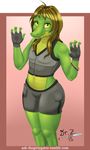  4_fingers alligator anthro clothing dr_zombie fingerless_gloves girly gloves hair long_hair looking_at_viewer male reptile russ scalie shorts solo yellow_eyes 