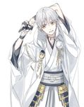  armor bad_id bad_twitter_id black_gloves chain gloves izumi_(nagashi) japanese_armor japanese_clothes jpeg_artifacts kusazuri male_focus partly_fingerless_gloves robe silver_hair simple_background smile solo touken_ranbu tsurumaru_kuninaga white_background yellow_eyes 