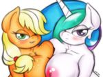  anthro anthrofied applejack_(mlp) areola blonde_hair blush breasts ep777 equine female freckles friendship_is_magic fur hair half-closed_eyes horn horse looking_at_viewer mammal my_little_pony nipples orange_fur plain_background pony princess_celestia_(mlp) smile teeth white_background 