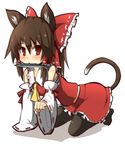  all_fours animal_ears bare_shoulders bow brown_eyes brown_hair cat_ears cat_tail detached_sleeves fish fish_in_mouth food food_in_mouth hair_bow hair_tubes hakurei_reimu kumo_(atm) long_hair simple_background solo tail touhou white_background wide_sleeves 