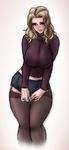  blonde_hair blush breasts contrapposto covered_nipples cropped_legs embarrassed garter_straps impossible_clothes impossible_sweater large_breasts long_hair looking_at_viewer microskirt original ribbed_sweater skirt skirt_tug solo sparrow_(artist) standing sweater thigh_gap thighhighs turtleneck v_arms 