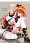  arm_up armpits black_gloves black_panties blue_eyes blush boots breasts cover cyclone gloves large_breasts long_hair lyrical_nanoha mahou_shoujo_lyrical_nanoha mahou_shoujo_lyrical_nanoha_strikers orange_hair panties sitting solo sweat teana_lanster thighhighs underwear white_legwear 